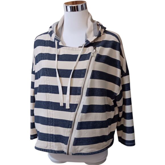 LOFT Lightweight Jacket S Moto Zip Hoodie Cotton Blue Cream Striped Coastal Trip - Picture 2 of 10